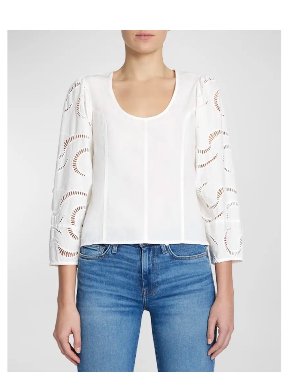 7 For All Mankind Eyelet Balloon Sleeve Cotton Top in White - Women’s Small